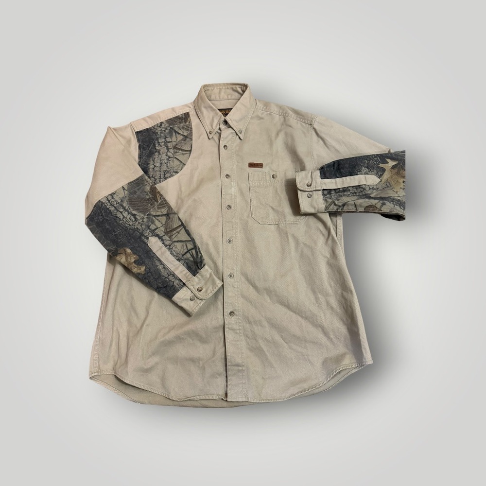 Woolrich Shooting Shirt Vintage Men Large Khaki Camo Shoulder Patch Hunt Rugged